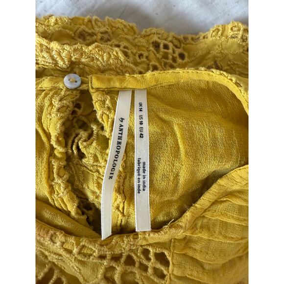 Anthropologie Yellow Lace Long Sleeve Ruffle Blouse Top Size 10 Boho Romantic - Picture 3 of 4
